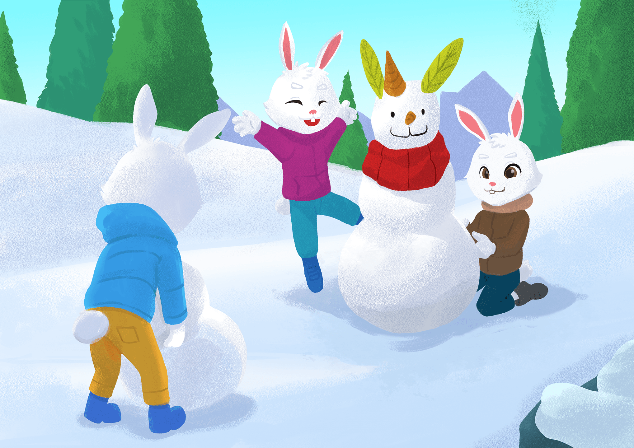 happy bunnies in jackets and winter clothes making a snowman